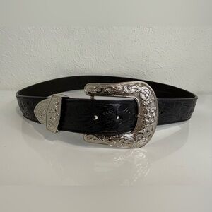 Vintage 3D Western Black Floral Embossed Leather Belt Silver Buckle 32 EUC